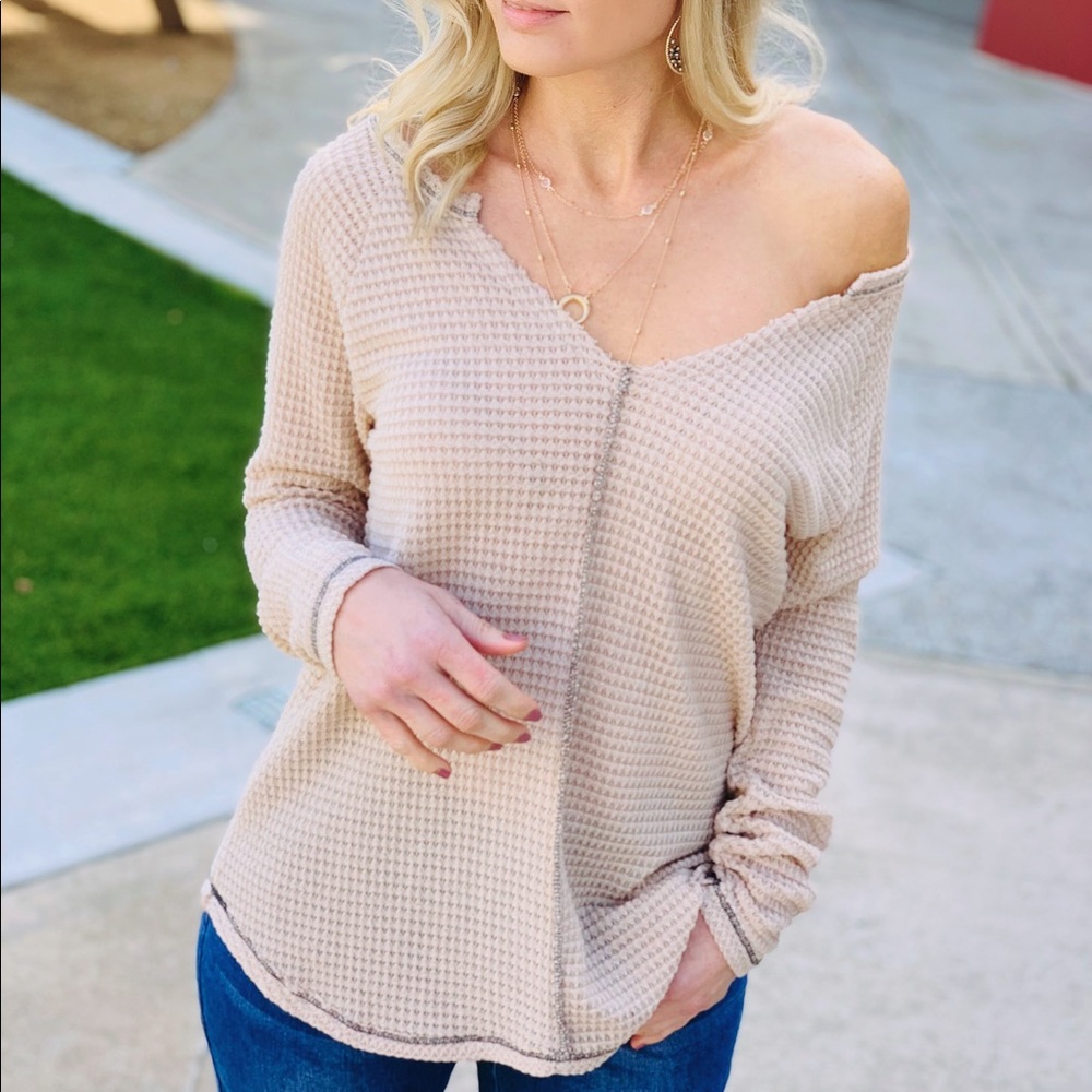 CASUAL FRIDAY WAFFLE KNIT TOP-OATMEAL - Picture 3 of 6